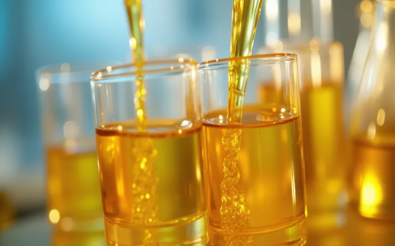 Golden fluid sample being inserted into scientific glass tubing.
